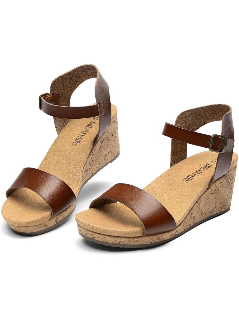 Women's Wedge Sandals Cork Brown Open Toe Ankle Strap Buckle Dressy Summer Shoes